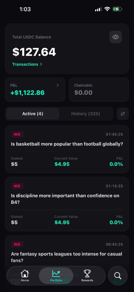 b⁴ wallet — USDC balance and positions, secured on device